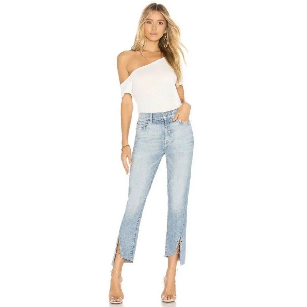 NWT 7 FOR ALL MANKIND Sz 27 HIGH WAIST CROP STRAIGHT RINGS EDIE JEANS BLUE $239